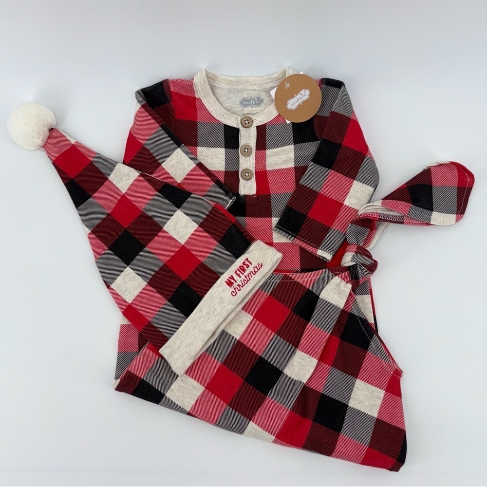 Mud Pie Red and Black Plaid Baby My First Christmas Knotted Gown with Hat New!